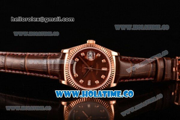 Rolex Day-Date Asia 2813/Swiss ETA 2836/Clone Rolex 3135 Automatic Rose Gold Case with Diamonds Markers and Brown Dial (BP) - Click Image to Close